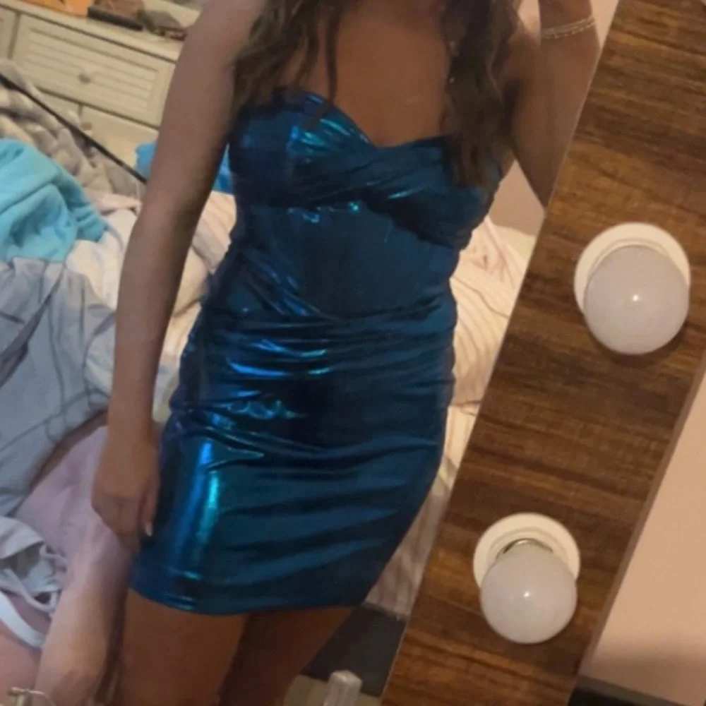 Shiny Blue Strapless Homecoming Dress - Picture 2 of 4